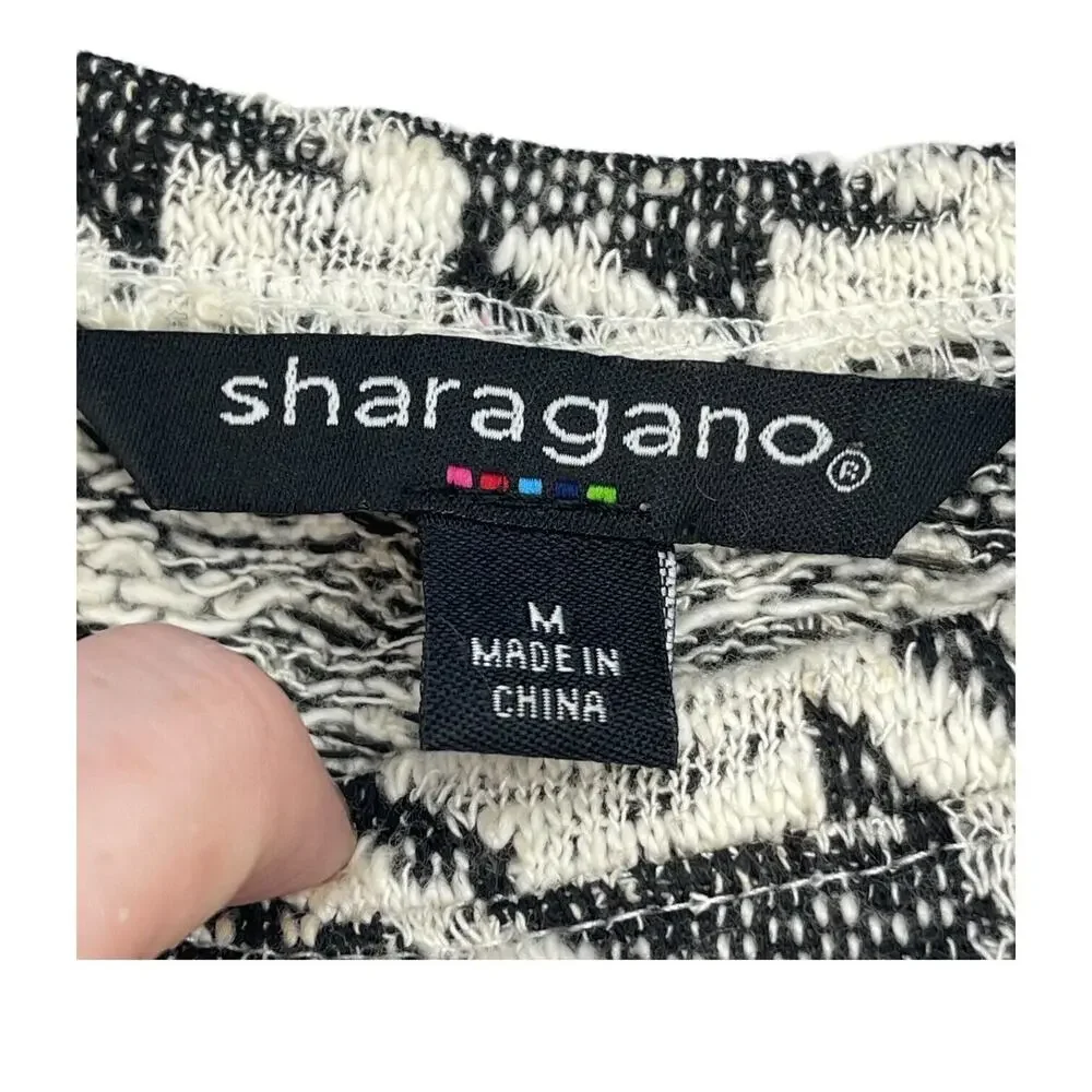 Sharagano Sweater Womens Medium Ivory Black Houndstooth Cotton Zip Raglan Sleeve - Picture 2 of 6